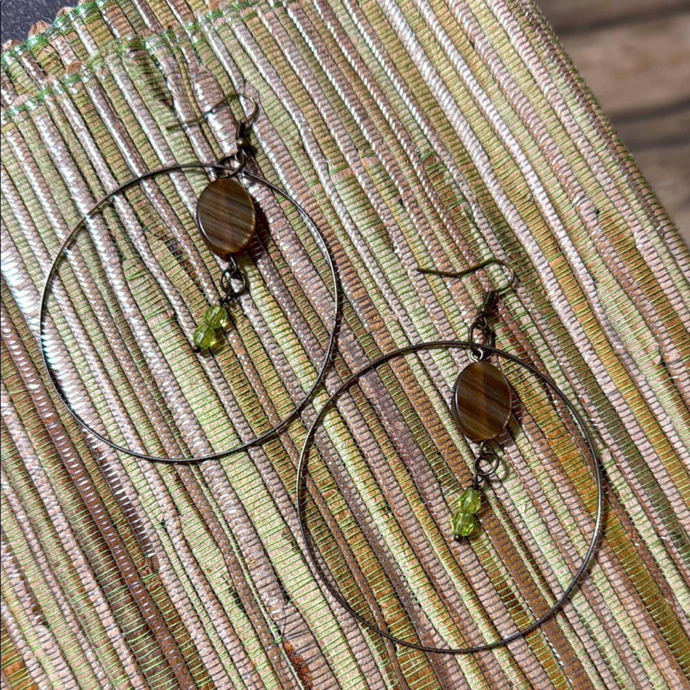 183. Hand-Crafted Repurposed Elegant Green and Brown Hoop Earrings